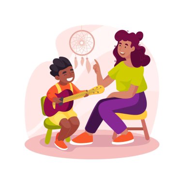 Gitar sınıfı karikatür vektör çizimini izole etti. Okul sonrası gitar dersi, müzik dersleri, yaz kampı, PA gündüz programı, yaratıcılık gelişimi, sanat eğitimi, günlük bakım merkezi vektör karikatürü.