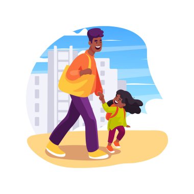 Anaokulu izole çizgi film çizimleri. Bebekle el ele tutuşan bir anne, küçük sırt çantası takan bir çocuk, kreşe giden yol, erken eğitim, kaldırım vektör karikatüründe yürümek....