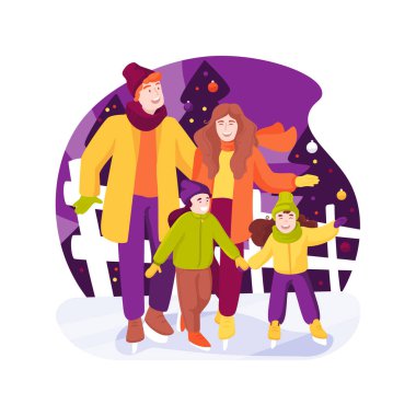 Buz pisti karikatür vektör çizimi. Noel zamanı buz pateni sahasında çocuklu mutlu bir aile. Kış tatilini birlikte geçirip eğleniyorlar. Sihirli ruh vektör çizgi filmi..
