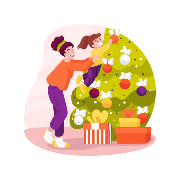 Noel Ağacını Süslemek Izole Edilmiş Çizgi Film Çizimi Mutlu Anne — Stok Vektör