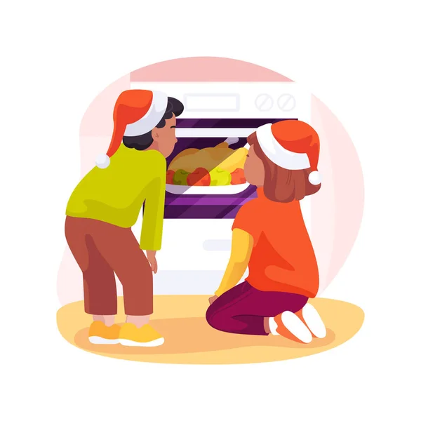 待ち時間隔離された漫画のベクトルイラスト 小さな子供たちはオーブンに焼き菓子を待っています クリスマス休暇の準備 家でお祝いの日ベクトル漫画 — ストックベクタ