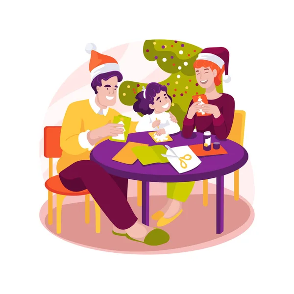 カード分離漫画のベクトルイラストを作る 幸せな家族作りクリスマスカード一緒に自宅で 冬の休日の準備 居心地の良いクリスマスの時間 お祝いの日ベクトル漫画 — ストックベクタ