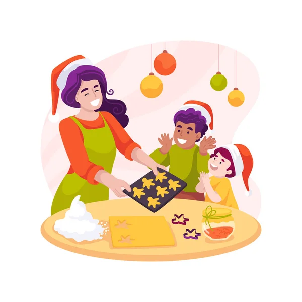 Vánoce Pečení Izolované Kreslené Vektorové Ilustrace Šťastná Matka Usměvavými Dětmi — Stockový vektor