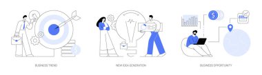 Girişimcilik başarısı soyut konsept vektör illüstrasyonu seti. İş trendi, yeni fikir üretimi, iş fırsatı, pazarlama stratejisi, yaratıcı düşünce, başlangıç metaforu.