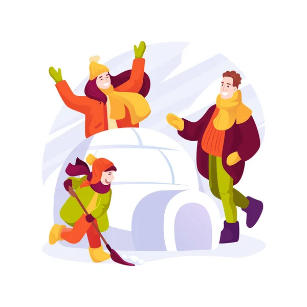 雪雕孤立的卡通矢量插图 家庭户外闲暇时间 做冰屋 孩子们和父母一起制作雪雕 冬季活动病媒卡通画 — 图库矢量图片