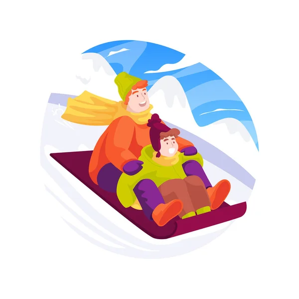 睡眠孤立的卡通矢量插图 户外运动 家庭骑马雪橇 积极的闲暇时间 孩子和父母滑下山 季节性户外运动矢量卡通片 — 图库矢量图片