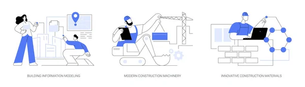 建設技術革新抽象概念ベクトルイラストセット 情報モデリング 近代的な建設機械 新しい建設材料 重機抽象的なメタファーを構築する — ストックベクタ