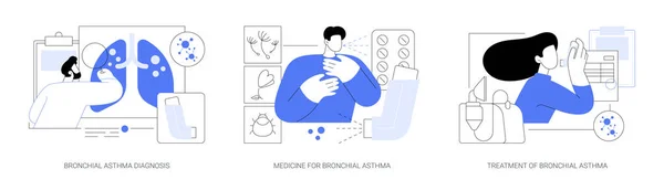 呼吸疾病抽象概念向量图集 支气管哮喘诊断 药物和治疗 吸入器和雾化剂 呼吸发作 过敏咳嗽 较纯的抽象比喻 — 图库矢量图片