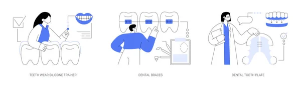 Cuidados Ortodônticos Conceito Abstrato Conjunto Ilustração Vetorial Dentes Usam Treinador — Vetor de Stock