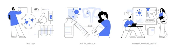 ヒトパピローマウイルス防止抽象概念ベクトルイラストセット Hpv検査 予防接種および教育プログラム 子宮頸がん予防接種プログラム ウイルス情報アブストラクトメタファー — ストックベクタ