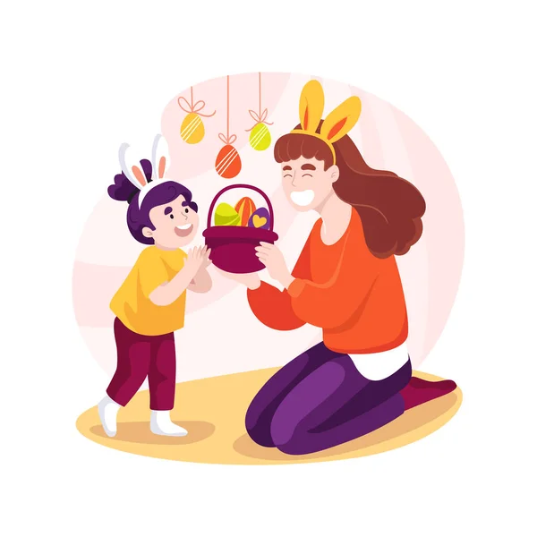 Easter Basket Isolated Cartoon Vector Illustration Smiling Mother Give Kids — Stock Vector