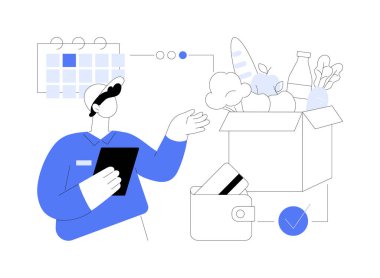 Kutu aboneliği hizmeti soyut konsept vektör çizimi. Abonelik planı, ecommerce işi, alışveriş hizmeti, kutu teslimatı açılışı, İnternet pazarlaması, piyasa soyut metaforu.