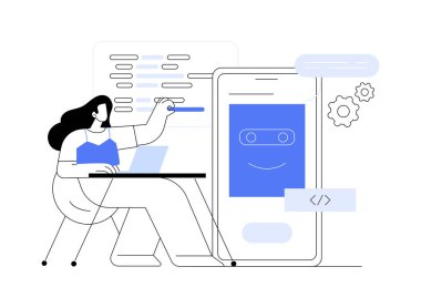 Chatbot uygulaması soyut konsept vektör çizimi geliştiriyor. Chatbot uygulaması, bot geliştirme iskeleti, yapay zeka programlama, mobil mesajlaşma uygulaması, iletişim hizmeti, UX soyut metaforu.