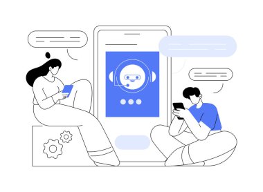 Chatbot müşteri hizmetleri soyut konsept vektör çizimi. Müşteri hizmetleri robotu, perakende AI, e-ticaret sohbet robotu, self-servis deneyimi, online müşteri desteği, internet sohbet soyut metaforu.