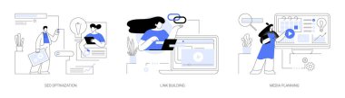 SEO strateji soyut konsept vektör çizimi seti. SEO optimizasyonu, bağlantı oluşturma, medya planlaması, anahtar kelime optimizasyonu, sayfa sıralama algoritması, çevrimiçi dijital pazarlama araçları soyut metafor.
