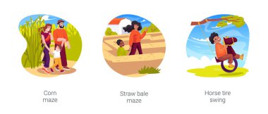 Aile açık hava eğlence aktiviteleri karikatür vektör çizimi seti. Ebeveynler ve çocuklar bir mısır labirentinde yürür, saman balyalarıyla yapılmış labirent, diy at tekerleği salıncak çizgi filmindeki çocuk.