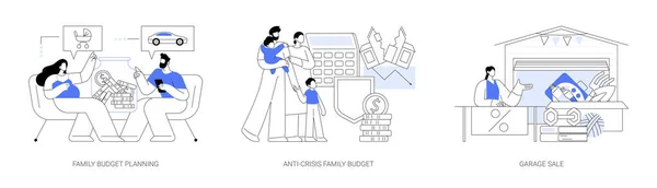 家族予算計画抽象的な概念ベクトル図セット 反危機家族の予算 ガレージセール 経済的決定 家族収入 予算節約 フリーマーケット 中古抽象的なメタファー — ストックベクタ