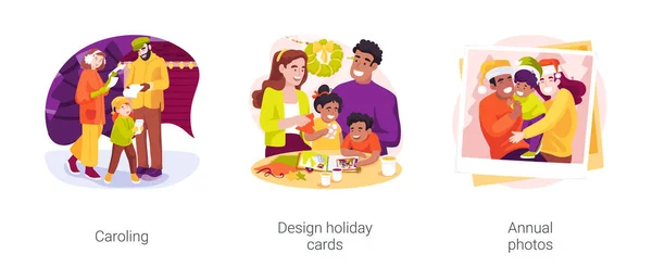 Rodinná Tradice Dovolená Izolované Kreslený Vektor Ilustrační Set Zpěv Vánoční — Stockový vektor