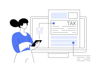 Elektronik vergiler, soyut konsept vektör illüstrasyonu. Dosya kişisel gelir tablosu, evrak, e-dosya belgeleri, vergi hazırlama çevrimiçi yazılım, IRS formu soyut metafor.