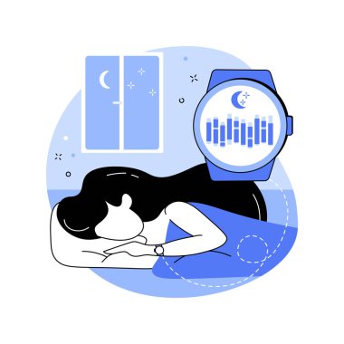 Smartwatch uykusu izole edilmiş çizgi film çizimleri izliyor. Akıllı uyuyan bir kadın, ekranda nabız göstergesi, mobil teknoloji, kalp atış hızı çizelgesi..