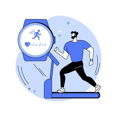 Smartwatch ileri spor, izole edilmiş vektör çizimlerini takip ediyor. Akıllı adam ölçümleri çalıştırıyor, cihazlarla uyum sağlıyor, mobil teknoloji, kablosuz bağlantı vektör karikatürü.