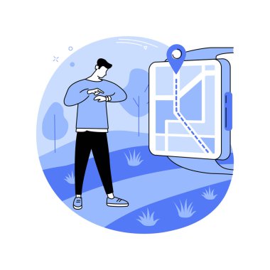 Smartwatch navigasyonu karikatür vektör çizimlerini izole etti. Konumu kontrol etmek için akıllı saat kullanan adam, GPS navigasyon uygulaması kullanımı, mobil teknoloji, kablosuz bağlantı vektör karikatürü.