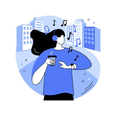 Akıllı seğirmeli karikatür vektör çizimleri dinleyelim. İnternette müzik dinleyen kadın akıllı, modern mobil teknolojisi, kablosuz bağlantı vektör karikatürünü kullanıyor..