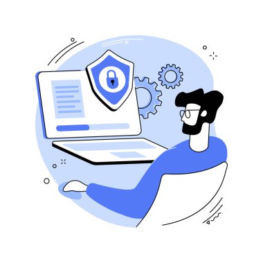 Antivirus software isolated cartoon vector illustrations. Man with laptop using antivirus program, IT technology, no computing viruses, DLP industry, firewall protection vector cartoon.