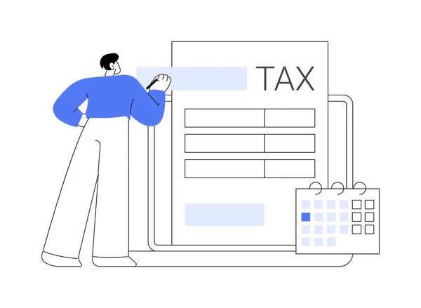 納税申告ソフトウェア抽象概念ベクトル図 お金の払い戻し 税金準備ソフトウェア 財務報告書 収益計算書のオンラインフォームに入力します — ストックベクタ