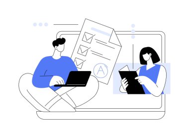 Çevrimiçi öğretmen ya da soyut konsept vektör çizimi. Talep ödevinde, öğretmenler çevrimiçi, ev okulu, kişisel öğrenim, video çağrısı, webinar izleme, not yazma, sınav soyut metaforu için hazırlık.