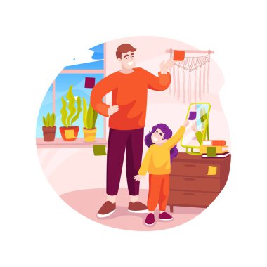 İzole edilmiş bir karikatür vektör illüstrasyonunu etiketliyorum. Evdeki şeylere etiket yapıştırmak, yeni kelime öğrenmek, dil becerileri geliştirmek, erken aile eğitimi, gündüz bakımı vektör çizgi filmi.