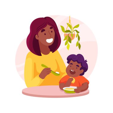 Preparing food isolated cartoon vector illustration. Woman cooking for child, preparing food, caregiver feeding toddler, in-home help with children, professional service vector cartoon.