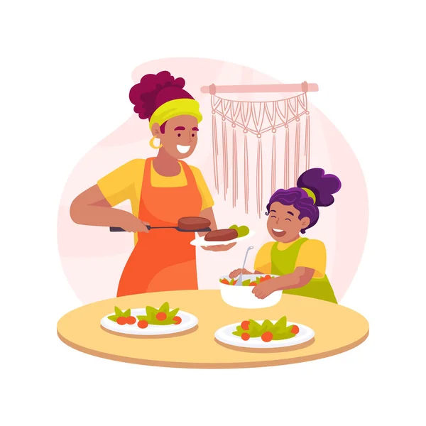 ママの孤立した漫画のベクトルイラストで料理 お母さんと子供の料理 キッチンヘルプ 親の育児 家庭活動 ホームベースの保育園 食品ベクトル漫画を作る — ストックベクタ