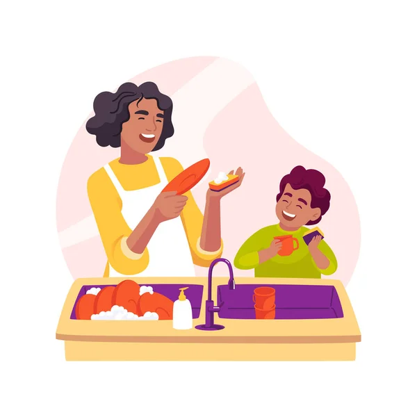 洗濯皿孤立漫画のベクトルイラストを教える 子供は台所のお母さんを助け 皿のステップを洗い 家庭の維持 家庭教育 親の育児ベクトル漫画を教える — ストックベクタ