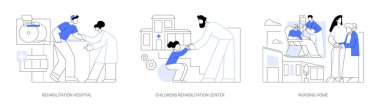 Tıbbi tesis soyut konsept vektör çizimi seti. Rehabilitasyon hastanesi, çocuk sağlık merkezi, huzurevi, sağlık koşulları, akıl sağlığı hizmetleri, emekli evi soyut metaforu..