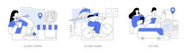 Otantik seyahat deneyimi soyut konsept vektör çizimi seti. Aşçılık turizmi, ekstrem sporlar, şehir turu, yerel yemekler, yemek festivali, tırmanma dağları, gezici soyut metafor.