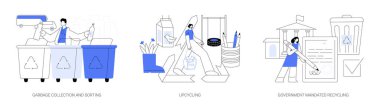 Atık toplama ve geri dönüşüm sorunları soyut konsept vektör illüstrasyon seti. Çöp ayıklama, yükseltme, hükümet zorunlu geri dönüşüm, ev imhası, yaratıcı soyut metafor.