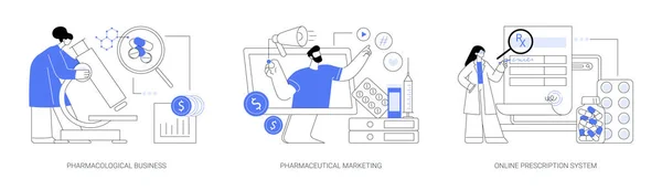 製薬業界抽象概念ベクトルイラストセット Pharmacological Business Pharmaceutical Marketing Online Prescription System Medical Equipment — ストックベクタ