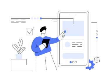 Tecrübe tasarımı soyut konsept vektör çizimi. Kullanıcı deneyimi tasarımı, UX, UI ögesi, web tasarımcısı, yazılım geliştirme servisi, mobil uygulama testi, web sayfası, menü soyut metafor.