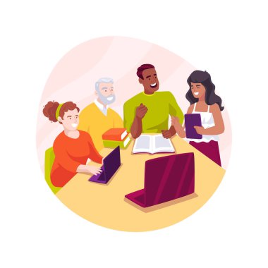 Group peer tutoring isolated cartoon vector illustration. Group of students sit at the table, peer tutoring, changing roles, help each other, class-wide independent learning vector cartoon.
