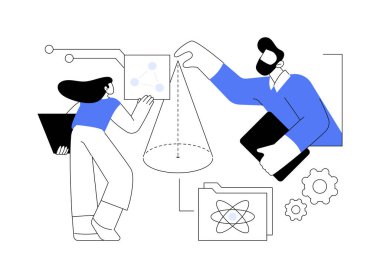 STEM eğitim soyut konsept vektör çizimi. BTMM entegrasyonu, çocuklar için mühendislik, öğrenme programlama süreci, teknoloji sınıfı, kimyasal deney, zeki çocuklar soyut metafor.