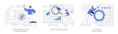 İş analitiği ve karar verme soyut konsept vektör çizimi seti. Ticari devamlılık ve afet iyileştirme, rekabetçi istihbarat, kalite kontrol için standart soyut metafor.