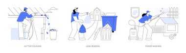 Ev ve bahçe bakımı soyut konsept vektör çizimi seti. Oluk temizleme, çöp temizleme, elektrik yıkama, yaprak ve yosun temizleme, avlu atığı öğütme, toz ve küf soyut metaforu kaldırma.
