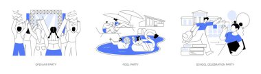 Olay planlama soyut konsept vektör çizimi seti. Açık havuz partisi, okul kutlaması, açık havada dans, yaz müzik festivali, yüzme havuzu, balo davetiyesi ve soyut metafor..