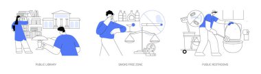 Kamu hizmeti soyut konsept vektör çizimi seti. Halk kütüphanesi, sigara içilmeyen alan, tuvaletler, sigara içilmeyen alan, çocuklar için yer, temizlik ve dezenfekte soyut metaforu.