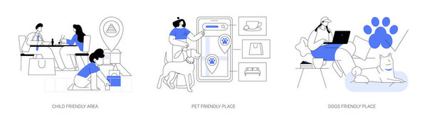 Inclusive public places abstract concept vector illustration set. Child area, pet friendly place, dog friendly restaurant, shopping center playground, welcome sign, free walking abstract metaphor.
