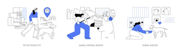 城市宠物抽象概念矢量图集 宠物在大城市 动物控制服务 动物收容所志愿者 救援服务 步行场所 流浪狗和猫的抽象比喻 — 图库矢量图片