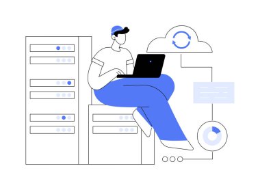 Yedek sunucu soyut konsept vektör çizimi. Çevrimiçi veri yedekleme yazılımı, ikincil sistem uzak sunucusu, bağlı bilgisayarlara erişim hizmetleri ve ilgili aygıtlar soyut metafor.