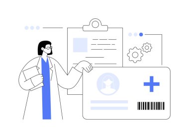 Sağlık hizmeti akıllı kartı soyut konsept vektör çizimi. Hasta kimliğini, pratisyen hekimleri ve eczacıları kontrol altına alın, tıbbi kayıtlara erişim, gelişmiş iletişim soyut metaforu.