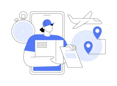 Ekspres servis soyut konsept vektör çizimi. Hava taşımacılığı lojistiği, küresel posta, paket teslimatı, hızlı nakliye siparişi, takip numarası, posta ofisi soyut metaforu.